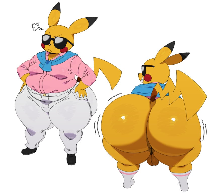 2024 anthro ass balls bent_over big_booty_pikachu big_butt bottomless bottomwear clothed clothing eyewear footwear fully_clothed fur generation_1_pokemon genitals grin hi_res huge_butt huge_thighs hyper hyper_butt male male_only mammal moobs nintendo overweight overweight_anthro overweight_male pants pikachu pokemon pokemon_(species) presenting presenting_hindquarters rear_view rodent shirt smile socks solo sssonic2 sunglasses teapot_(body_type) thick_thighs topwear yellow_body yellow_fur