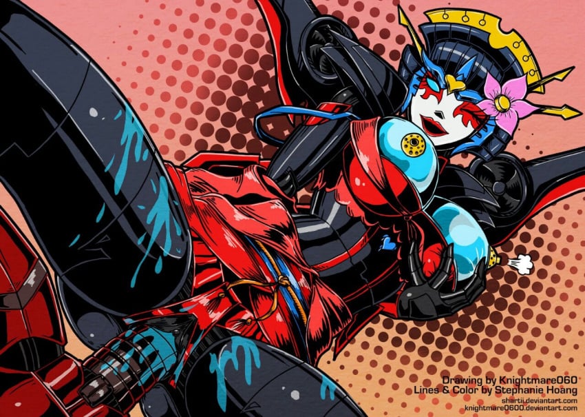 1boy 1girls autobot blue_breasts blue_eyes bodily_fluids bra_aside breasts clothed cybertronian female female_focus hasbro knightmare060 lipstick male missionary_position nipples partially_clothed penetration sex shartii solo_focus takara_tomy transformers transformers_idw windblade wings wink yellow_nipples