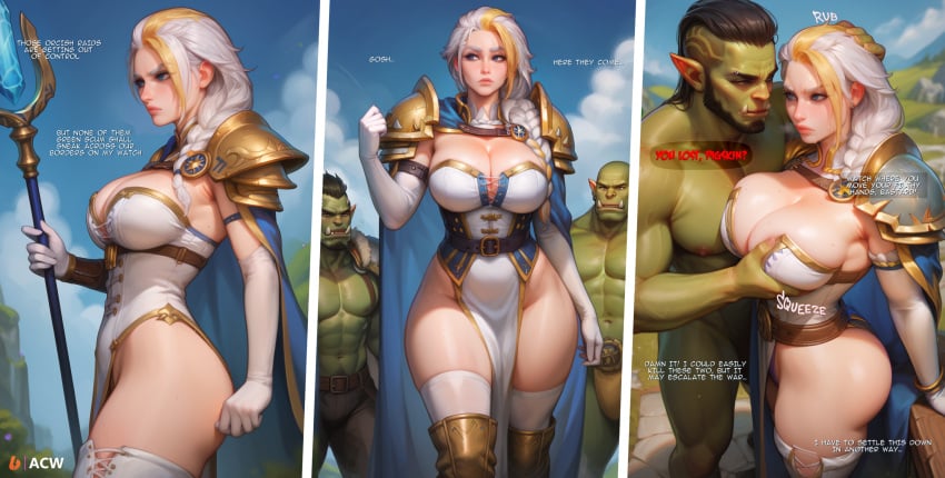 1girls 2boys acw ai_generated armor big_breasts blonde_hair blue_eyes braided_ponytail breast_grab cleavage comic dialogue dirty_talk english_text eyelashes female green_penis groping groping_breasts human human_(world_of_warcraft) human_female imminent_sex interspecies jaina_proudmoore large_breasts light-skinned_female light_skin long_hair male male/female orc orc_male orc_on_human pale-skinned_female pelvic_curtain ponytail secretly_loves_it slim speech_bubble text two_tone_hair white_hair world_of_warcraft