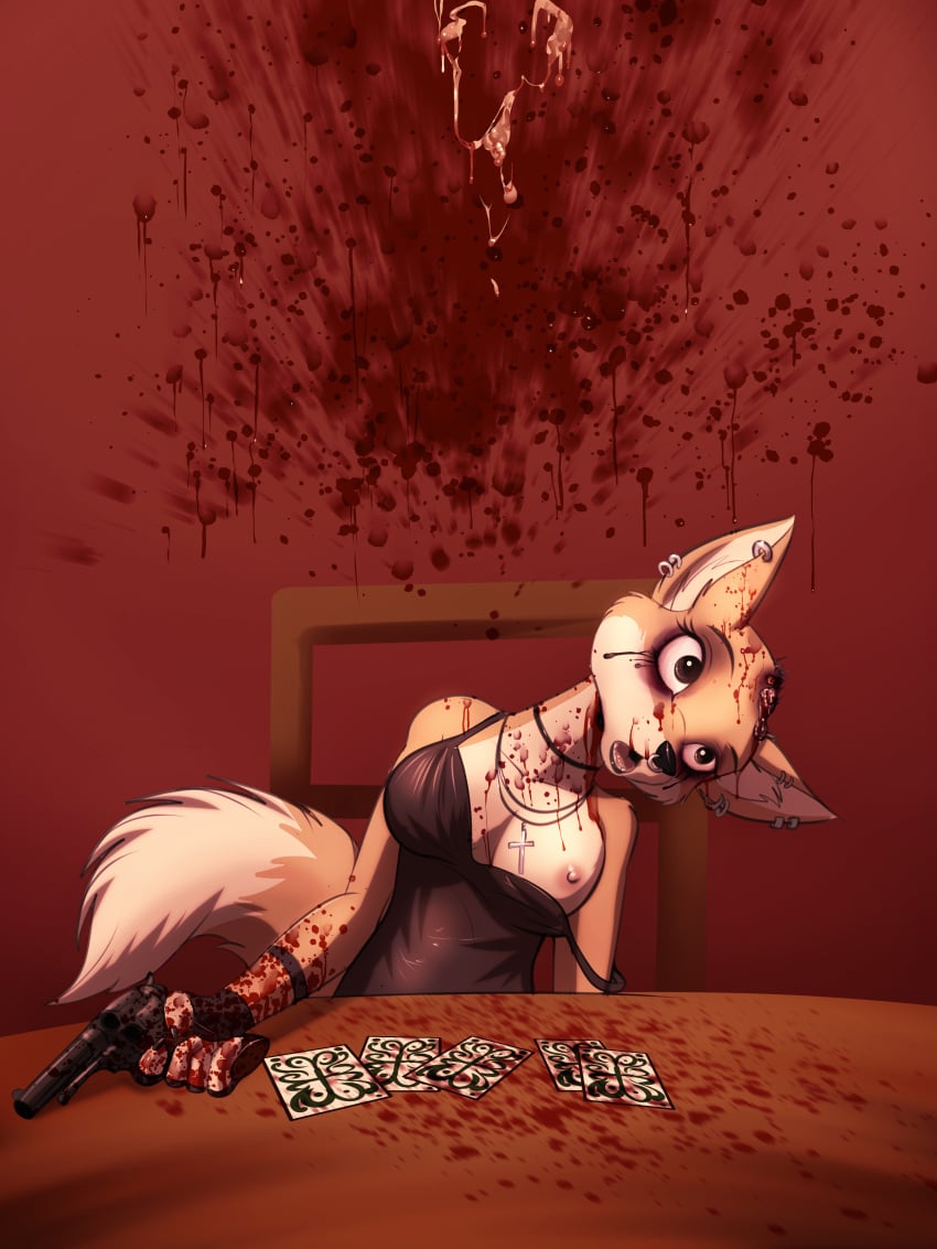 absurd_res anthro black_choker black_clothing black_dress black_jewelry black_necklace blank_stare blood blood_on_arm blood_on_body blood_on_breast blood_on_chest blood_on_face blood_on_fur blood_on_hand blood_on_neck blood_splatter bodily_fluids breasts canid canine card_game choker clothing cocktail_dress corpse countershade_face countershade_torso countershading cross cross_necklace dipstick_tail dress ear_piercing ear_ring eyebrows eyelashes facial_piercing female firearm fox foxy_(liar's_bar) frostbite80_(artist) fur gaming gore gun gunshot_wound guro handgun head_wound hi_res holding_gun holding_handgun holding_object holding_ranged_weapon holding_revolver holding_weapon jewelry liar's_bar mammal markings medium_breasts necklace nipple_slip nipples nose_piercing nose_ring one_breast_out open_mouth orange_body orange_fur piercing pink_nipples ranged_weapon revolver ring_piercing running_makeup running_mascara russian_roulette sitting smaller_version_at_source snuff solo suicide tail tail_markings tan_tail_tip wardrobe_malfunction weapon