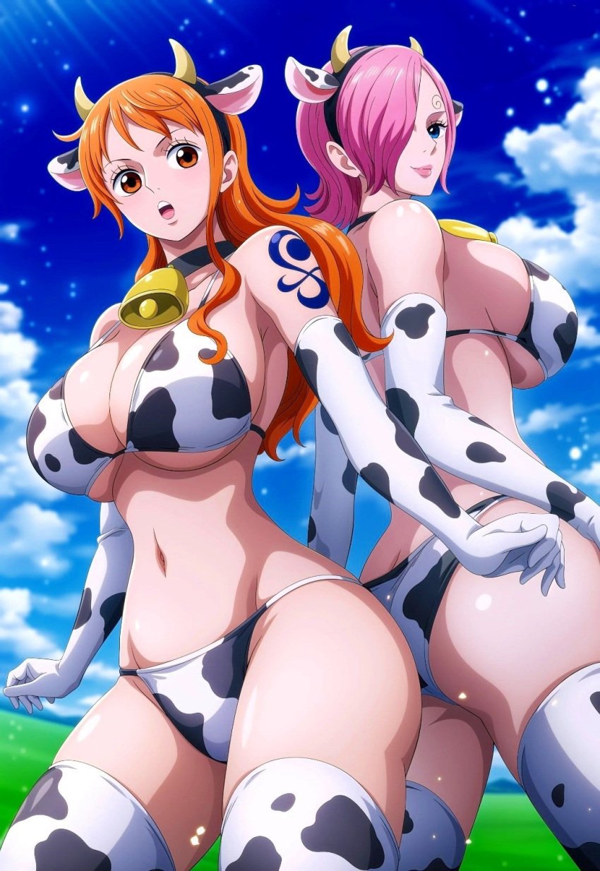 2girls ai_generated ass belly big_ass big_breasts bikini breasts cleavage cosplay costume cow cow_horns cow_print cowbell cowprint cowprint_bikini dat_ass female female_only huge_breasts jemmasoria long_hair nami one_eye_obstructed one_piece orange_hair outdoors outside pink_hair plump_lips post-timeskip safe_for_work short_hair tattoo thick_thighs thighhighs vinsmoke_reiju wide_hips