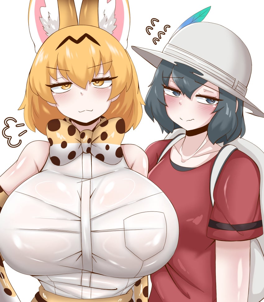 2girls big_breasts blush breasts busty female female_only giant_breasts gigantic_breasts huge_breasts kaban_(kemono_friends) kemono_friends large_breasts massive_breasts sangchussam serval_(kemono_friends) voluptuous