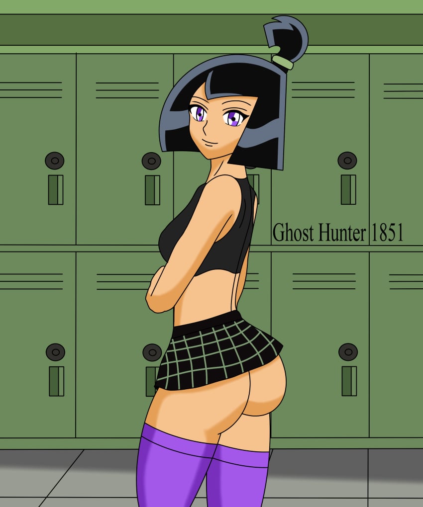 black_hair bob_cut bubble_ass bubble_butt checkered_skirt danny_phantom female ghosthunter1851(artist) hallway looking_at_viewer medium_breasts microskirt miniskirt nickelodeon ponytail purple_eyes sam_manson schoolgirl stockings thick thick_ass thick_legs thick_thighs