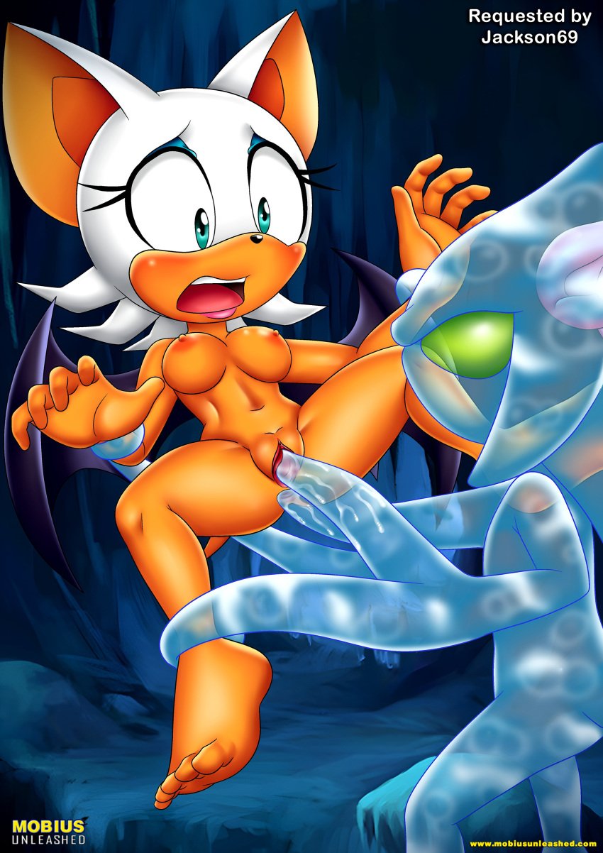 1boy 1girls anal anal_sex anthro anus barefoot bbmbbf blush breasts chaos_(sonic) female lipstick male male/female mobian_(species) mobius_unleashed nipples nude open_mouth palcomix pussy rouge_the_bat sega sex sonic_(series) sonic_the_hedgehog_(series) teeth tongue vaginal_penetration vaginal_sex