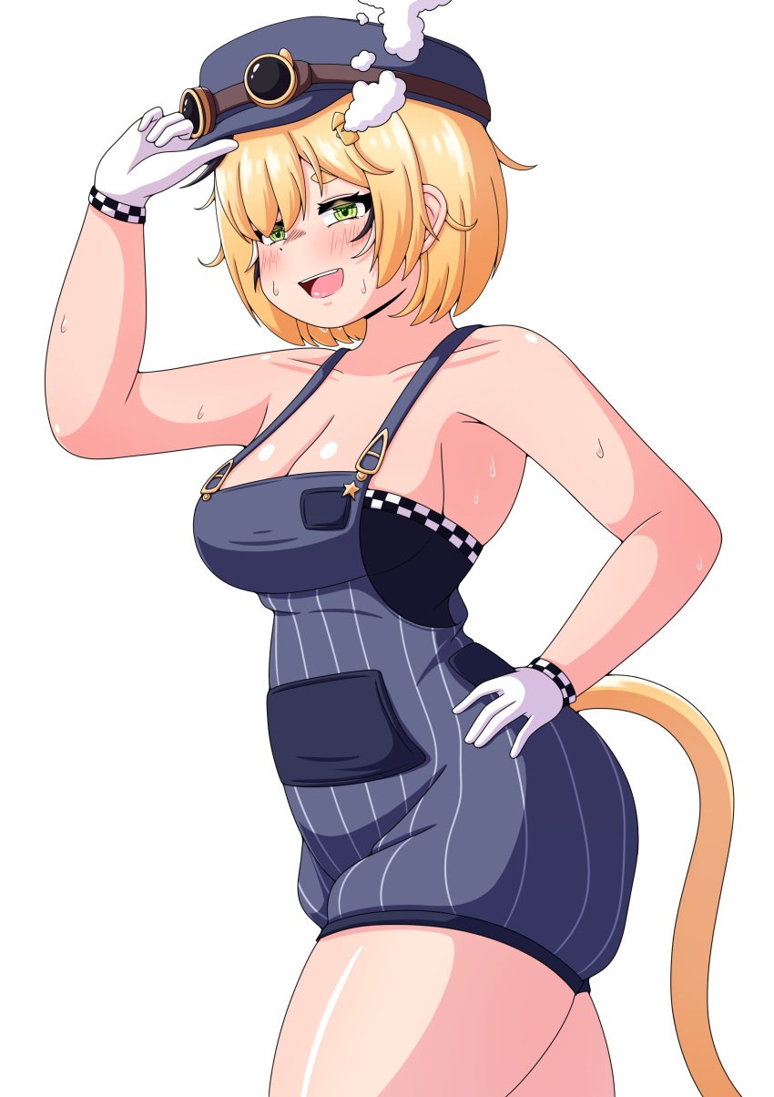 armpits blonde_hair blush bra checkered_bra cleavage conductor_hat conductor_uniform dooby3d gloves goggles green_eyes indie_virtual_youtuber jerboa jerboa_humanoid open_mouth plain_background sideboob star steam sweat sweaty_body tail thick_thighs tipping_hat virtual_youtuber vlacksr white_background