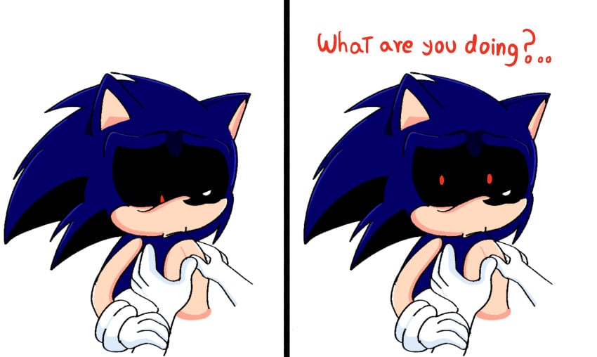 ankifun chest_grab comic confused confused_look cute english_text gloves grabbing_chest hedgehog interspecies looking_at_viewer male outdoors question_mark questionable_consent red_eyes solo_focus sonic.exe sonic.exe_(character) sonic.exe_(series) sonic_(series) sonic_the_hedgehog_(series) touching_breast