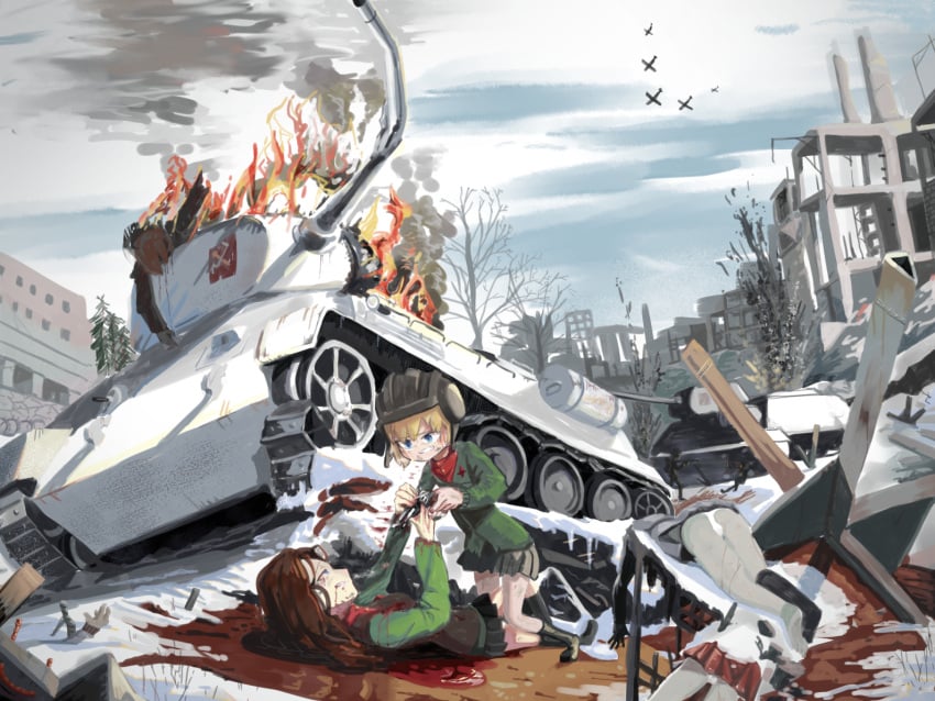 2girls bare_legs blonde_hair blood brown_hair building corpse crying destruction emblem fighter_plane fire girls_und_panzer green_jacket gun guro helmet holding holding_gun holding_weapon jacket katyusha_(girls_und_panzer) long_hair military_vehicle miniskirt motor_vehicle multiple_girls nonna_(girls_und_panzer) pravda_(emblem) pravda_military_uniform pravda_school_uniform red_shirt red_skirt revolver robert_ryu school_uniform shirt short_hair skirt smoke t-34 t-34-85 tank tearing_up tears war weapon weapon_request