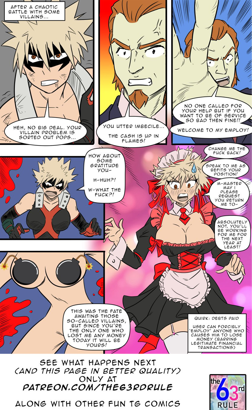 2girls big_breasts blonde_hair breast_expansion cleavage english_text female female_bakugou female_focus female_only gender_transformation genderswap_(mtf) huge_breasts katsuki_bakugou large_breasts maid mtf_transformation multiple_girls my_hero_academia navel rule_63 speech_bubble text the63rdrule thick_thighs transformation wide_hips