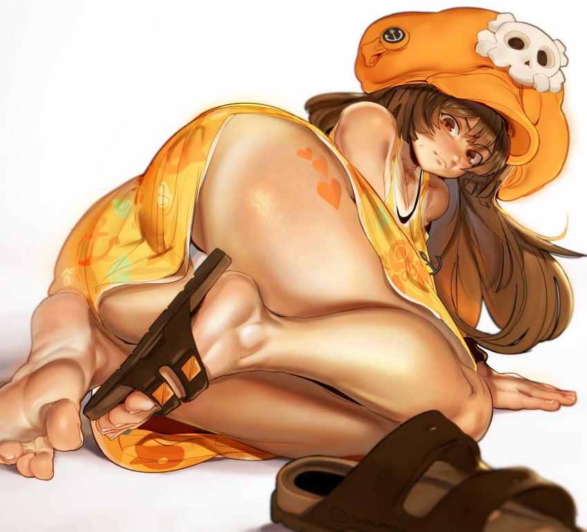 ass bare_shoulders barefoot cashumeru dress feet guilty_gear guilty_gear_strive hat lying may_(guilty_gear) panties sandals soles solo striped_panties sundress tanline tattoo thighs toes