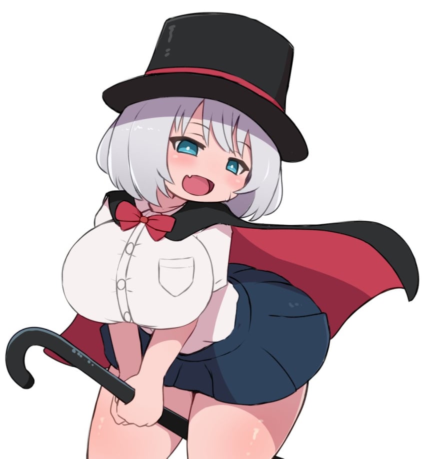 1girls big_breasts blue_eyes cane cape female female_only large_breasts magician school_uniform schoolgirl skin_fang solo tejina_senpai tejina_senpai_(character) thick_thighs top_hat