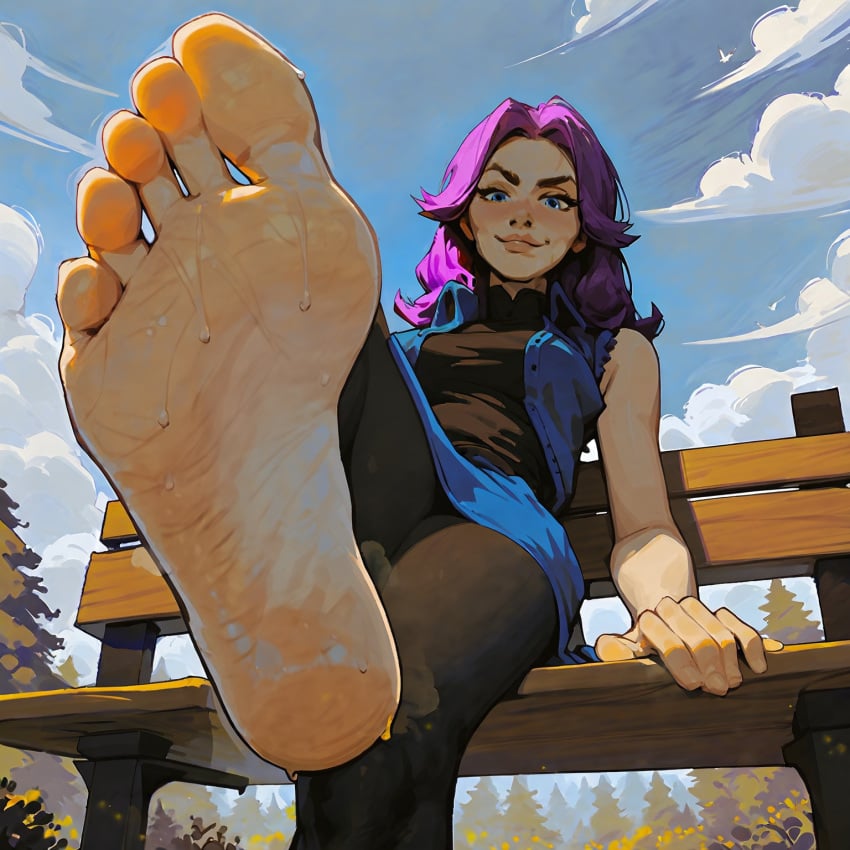 1girls abigail_(stardew_valley) ai_generated barefoot big_feet blue_eyes civitai feet female foot_focus futazealot light-skinned_female light_skin presenting_foot purple_hair solo stardew_valley sweat sweaty_feet