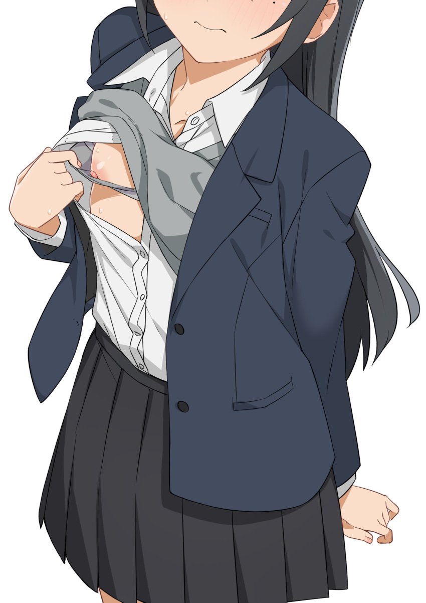 black_hair blush bra_lift exposed_breasts female_focus flashing flashing_breasts hori-san_to_miyamura-kun horimiya jacket long_hair morisobo one_breast_out open_shirt sawada_honoka school_uniform simple_background small_breasts white_background