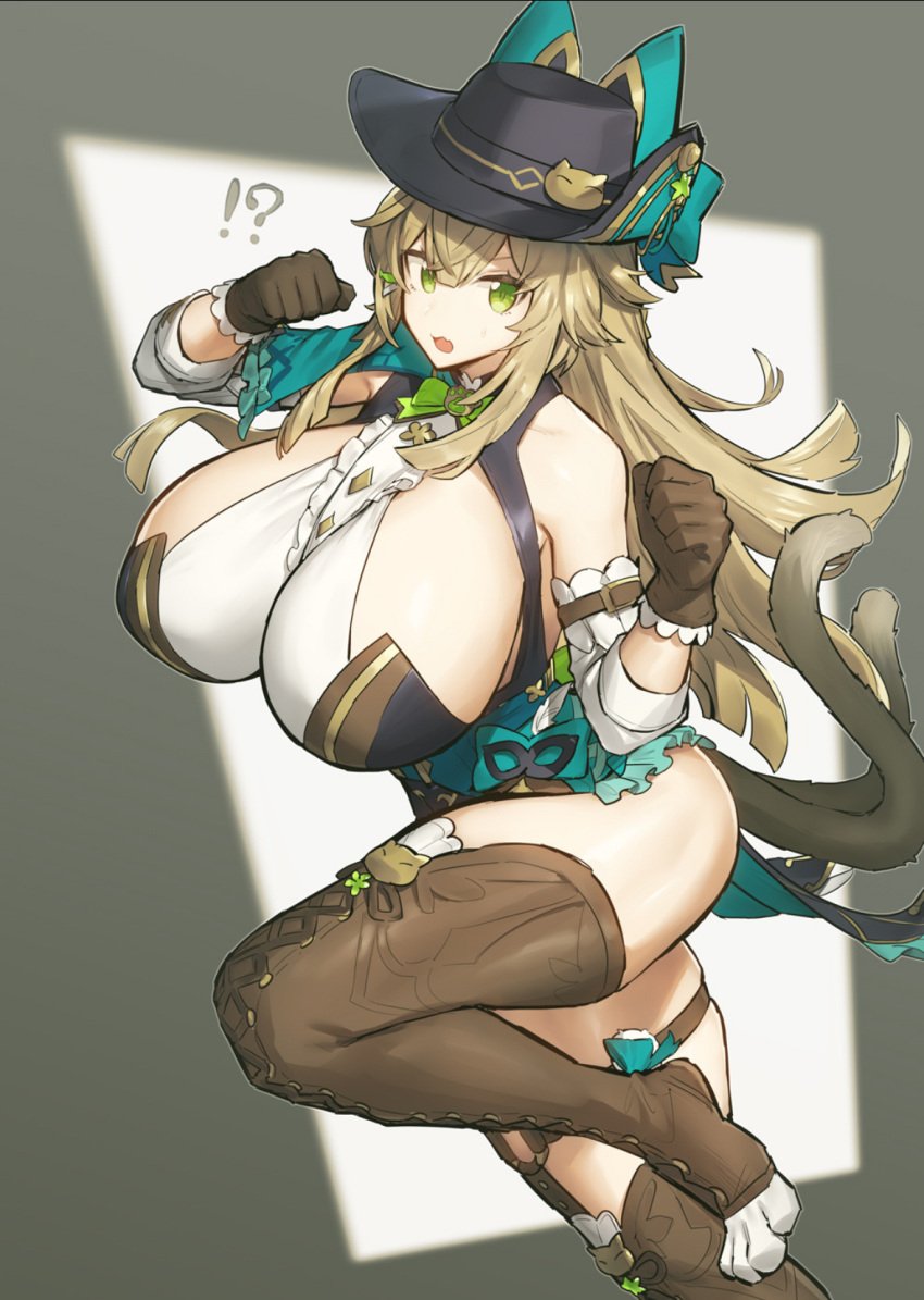 !? 1girls big_breasts blonde_hair cat_ears cat_girl cat_tail catgirl curvy embarrassed feline female female genshin_impact gigantic_breasts green_eyes hat huge_breasts huge_breasts kirara_(genshin_impact) leg_up light_skin massive_breasts melon22 nekomata paws short_skirt sideboob text thighhighs thighs