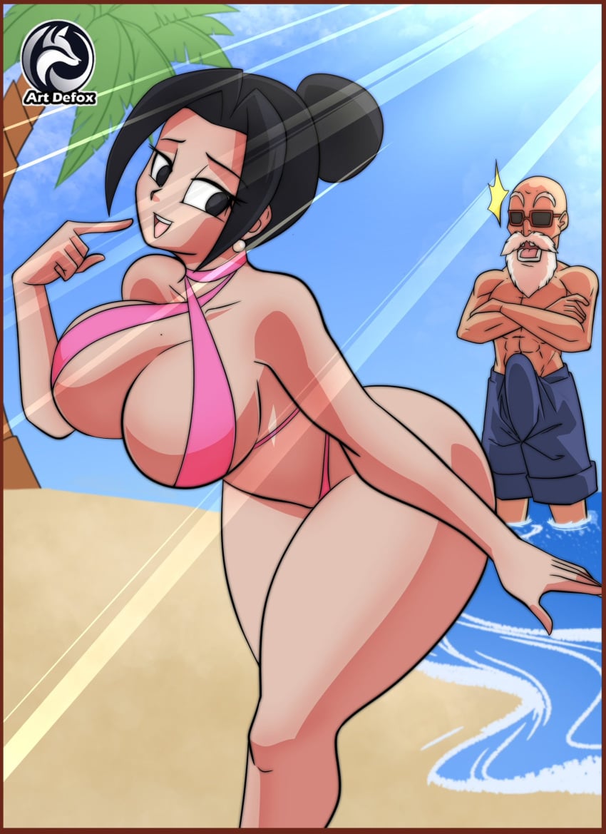 2d artdefox beach big_breasts bikini chichi chichi_(bulma's_party) dragon_ball dragon_ball_super dragon_ball_z female full_color hair_bun master_roshi milf nice_ass no_penetration older_male swimsuit younger_female