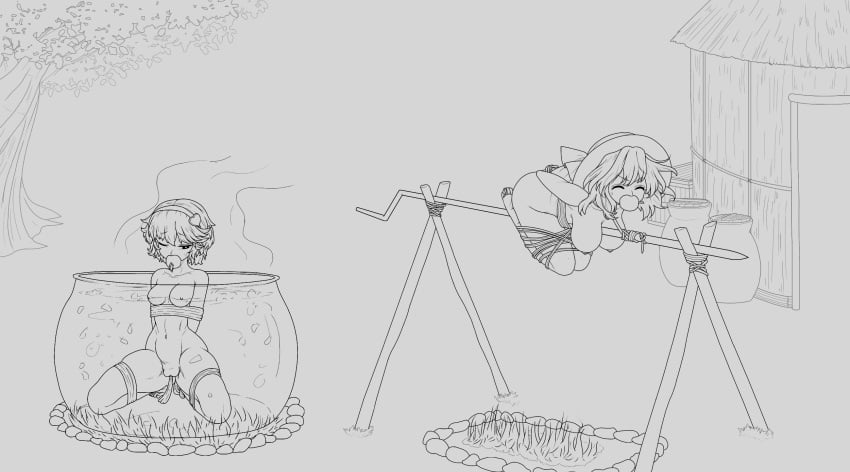 2girls apple_in_mouth boiled_alive boiling bondage cannibalism cauldron cooking_pot cooking_vore gynophagia improvised_gag koishi_komeiji line_art literal_spitroast restrained roast roasting roasting_spit satori_komeiji tied_up touhou traced