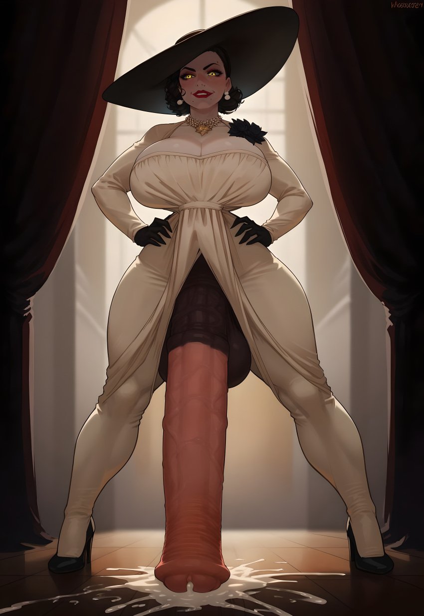 ai_generated alcina_dimitrescu clothed cum cum_on_floor earrings futanari gloves hands_on_hips hat heels highres horsecock huge_breasts huge_cock large_breasts large_penis lipstick looking_at_viewer massive_penis necklace open_legs resident_evil resident_evil_8:_village self_upload small_waist smirk smirking_at_viewer standing supermanson thick_thighs wide_hips