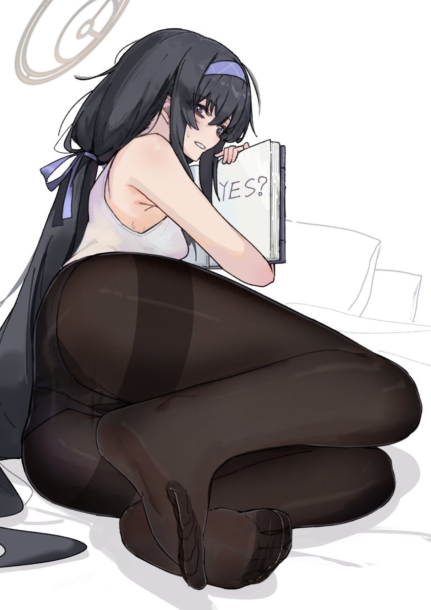 absurdres ass black_pantyhose blue_archive book english_text feet female from_behind halo highres holding holding_book kilabo library_committee_(blue_archive) long_hair looking_back panties pantyhose soles thighs toes trinity_general_school_student ui_(blue_archive) underwear