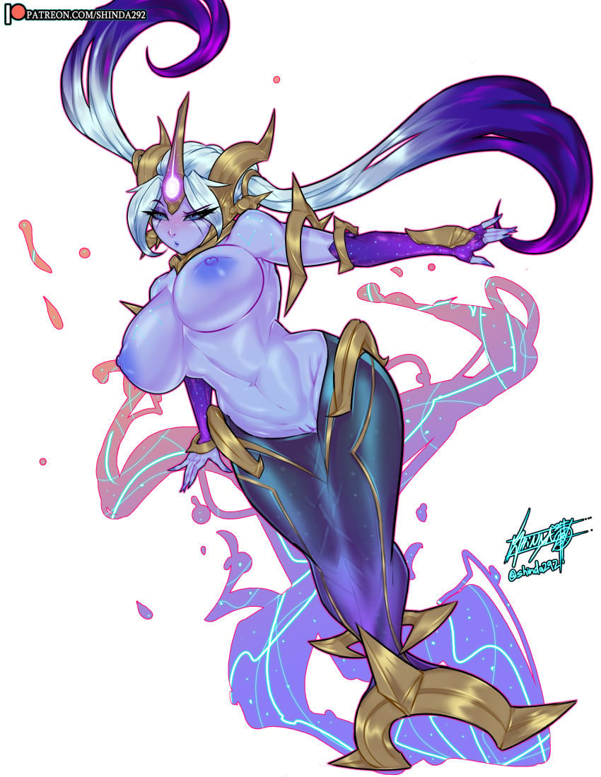 absurdres artist_name blue_eyes breasts colored_nipples colored_skin cosmic_destiny_nami cosmic_series female fingerless_gloves gloves gradient_hair grey_hair highres large_breasts league_of_legends long_hair mermaid monster_girl multicolored_hair nami_(league_of_legends) navel nipples patreon_logo patreon_username print_gloves purple_gloves purple_hair purple_nipples purple_skin pussy shinda292 signature simple_background solo space_print starry_sky_print twintails two-tone_hair web_address white_background