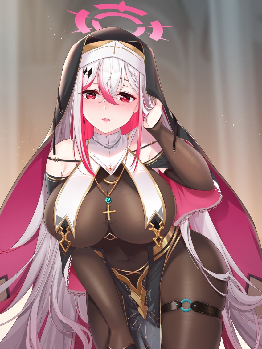 blush bodysuit breast_curtains breasts church cross dress female_only habit huge_breasts indie_virtual_youtuber jewelry lingshalan long_hair mingyin_meion_(vtuber) multicolored_hair necklace nun pelvic_curtain pink_eyes pink_hair solo virtual_youtuber white_hair