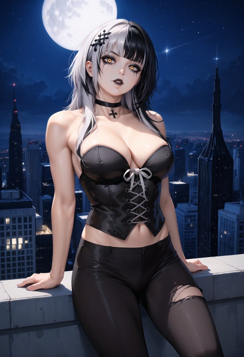 1female 1girls ai_generated athletic athletic_female bangs big_breasts breasts city city_background cityscape commentary_request female goth goth_girl highres hololive hololive_english light-skinned_female light_skin moon moonlight night night_sky sfw shiori_novella split-color_hair very_high_resolution virtual_youtuber vtuber