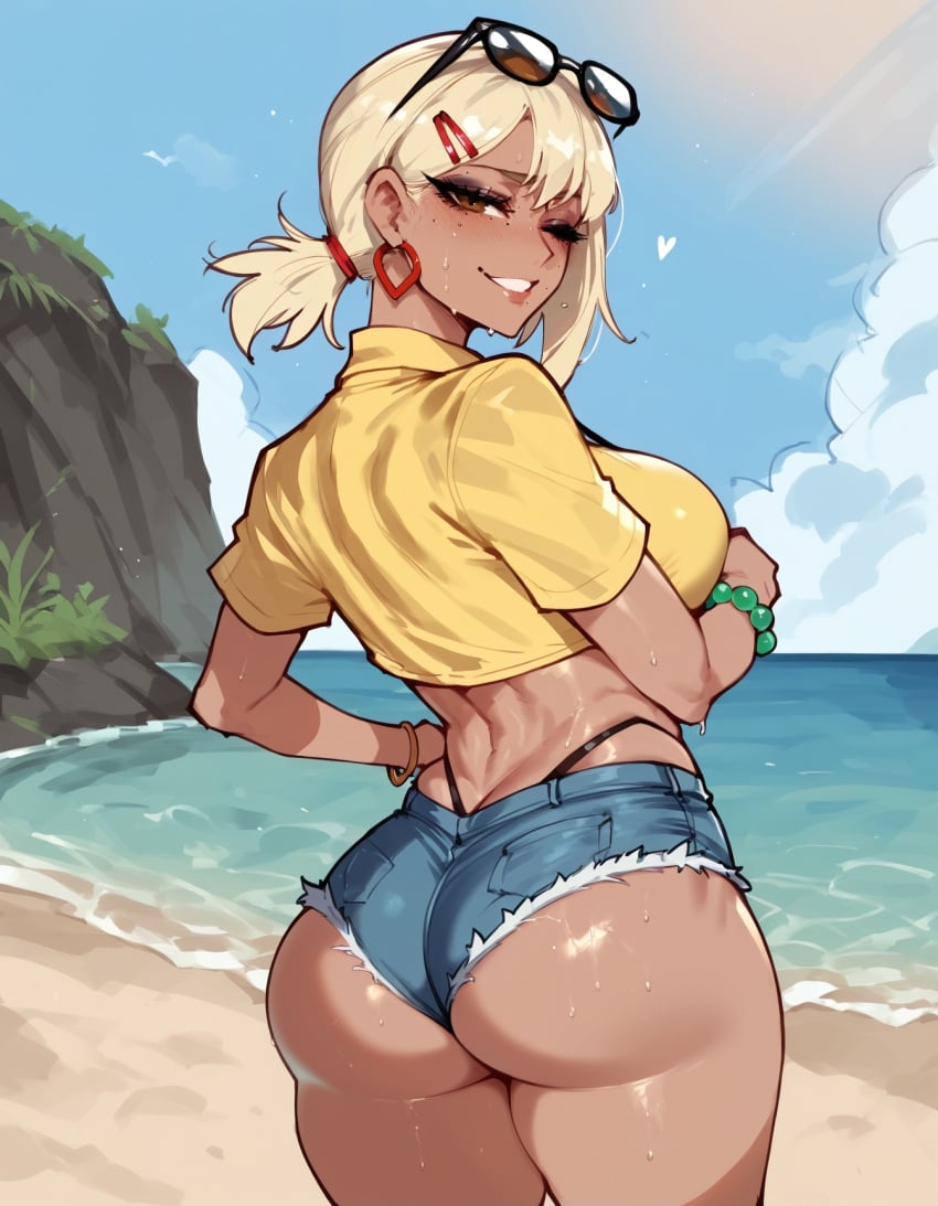 1girls ai_generated ass ass_focus blonde_hair brazilian_kobeni chainsaw_man crop_top dark-skinned_female dark_skin denim_shorts female floppydisc from_behind grin gyaru hairclip higashiyama_kobeni highres large_breasts one_eye_closed ponytail solo solo_focus sweat tan-skinned_female tan_skin thiccwithaq_(ai_style) toned_female wink yellow_shirt