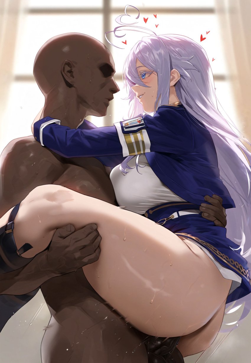 1boy 1girls 86_-eightysix- ai_generated blue_eyes carrying_position celena_race cute_face dark-skinned_male dark_skin interracial long_hair mikayori pale-skinned_female penis sex thighs vaginal_penetration vladilena_millize