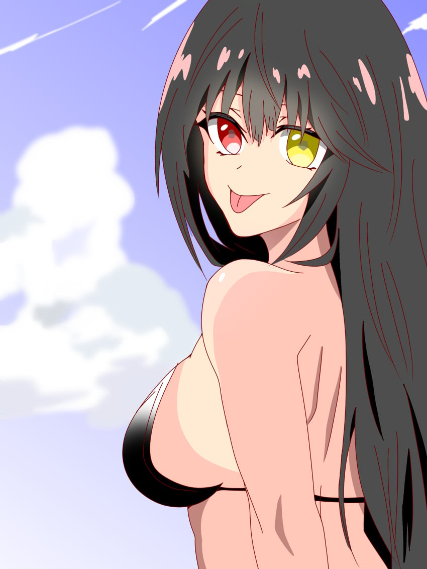 2d 2d_(artwork) back bikini black_hair breasts date_a_live female_only heterochromia light-skinned_female long_hair medium_breasts red_eyes sideboob sky solo solo_female tokisaki_kurumi tongue_out upper_body