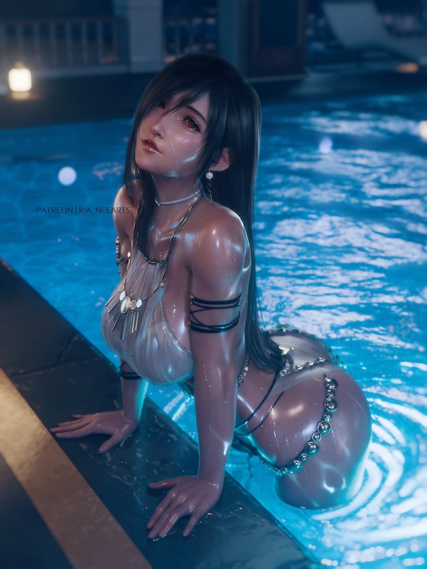 armwear big_ass big_breasts clothed dark_hair final_fantasy final_fantasy_vii getting_out_of_pool light-skinned_female light_skin looking_at_viewer pool red_eyes ria-neearts see-through see-through_swimsuit sexy_pose sideboob solo solo_focus swimming_pool swimsuit tifa_lockhart wet wet_body wet_skin wet_swimsuit