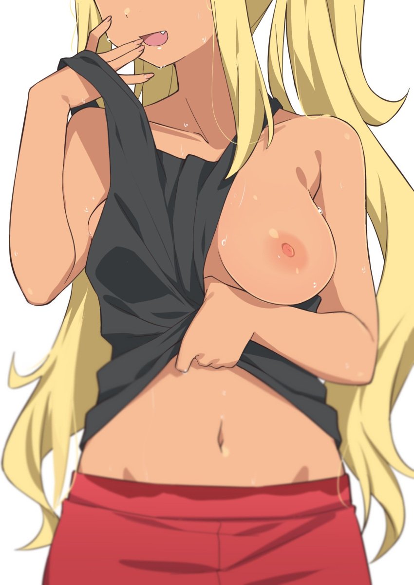 black_tank_top blonde_hair breast_focus breasts collarbone dark-skinned_female dark_skin dumbbell_nan_kilo_moteru? eyes_out_of_frame female female_focus fingernails hand_up highres large_breasts lifting_own_clothes long_hair midriff morisobo navel nipples no_bra oerba_yun_fang one_breast_out open_mouth red_shorts sakura_hibiki_(dumbbell_nan_kilo_moteru?) shorts simple_background smile solo standing sweat tank_top twintails very_long_hair white_background