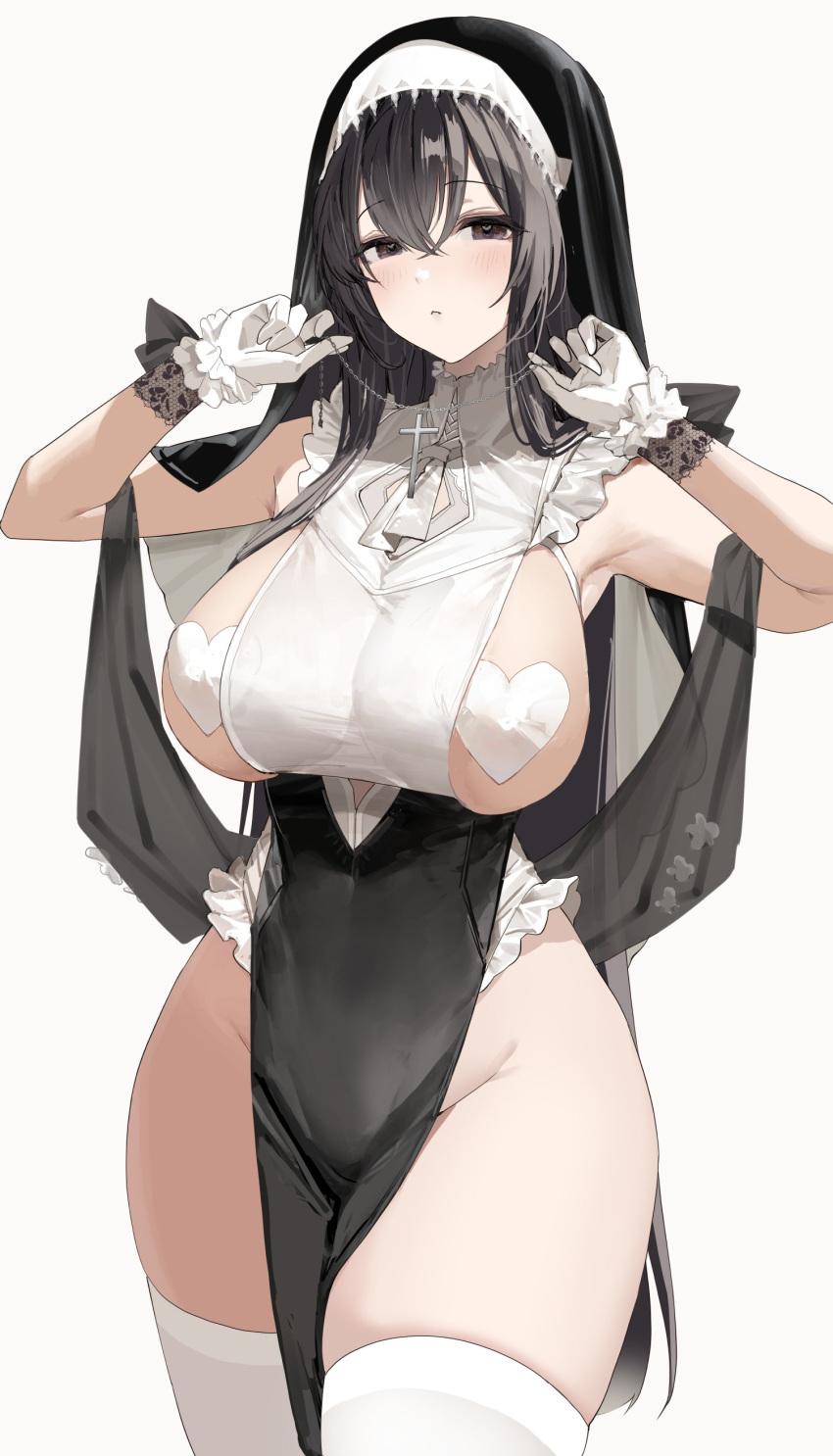 absurd_res bare_shoulders black_eyes black_hair blush breasts cross dress frills gloves highres large_breasts long_hair necklace nun original pasties pelvic_curtain sideboob solo souji_hougu thighhighs