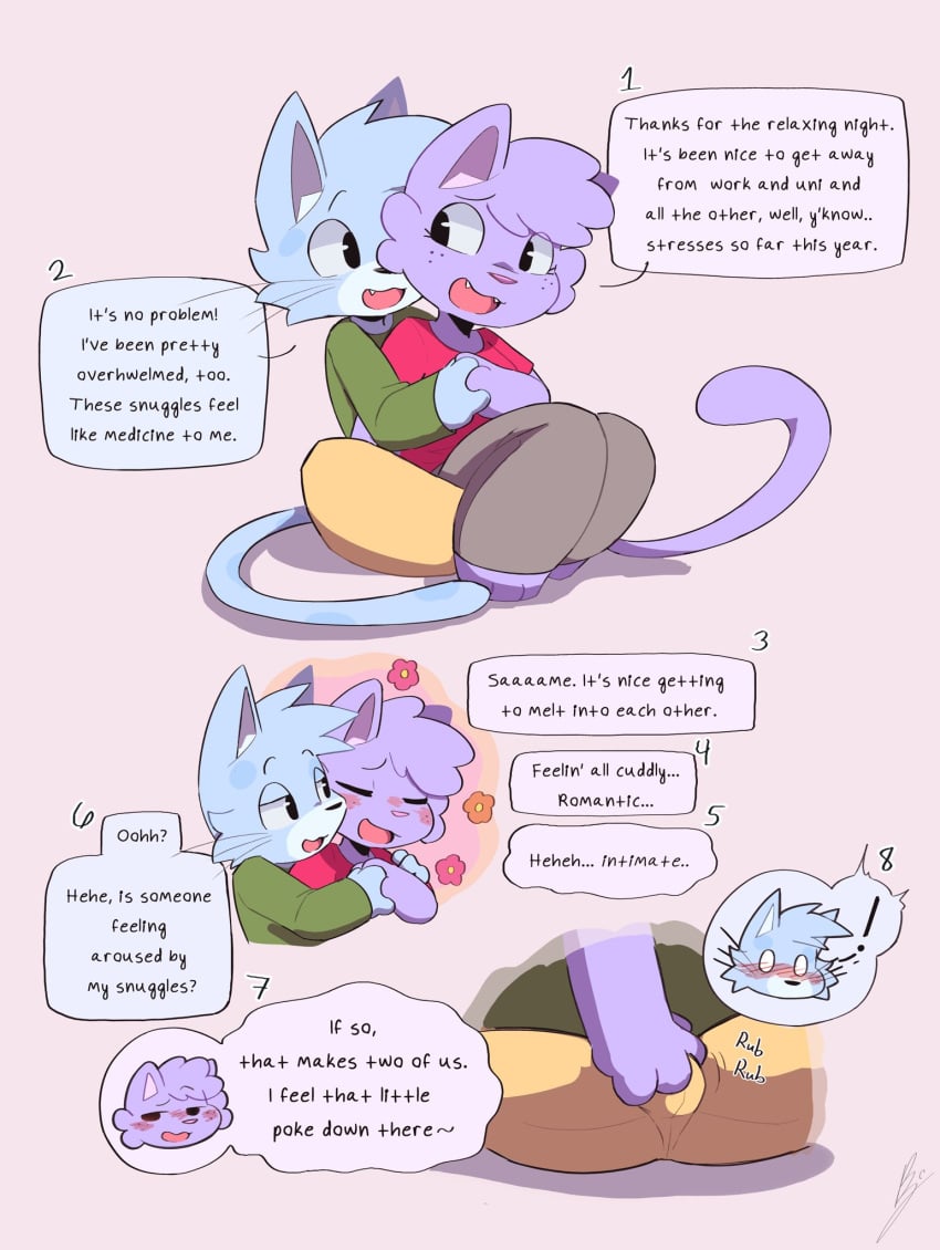 1boy 1girls bj_(artist) clothing comic cuddling dialogue domestic_cat erection erection_under_clothes female hi_res male mammal oc original_character speech_bubble tagme text
