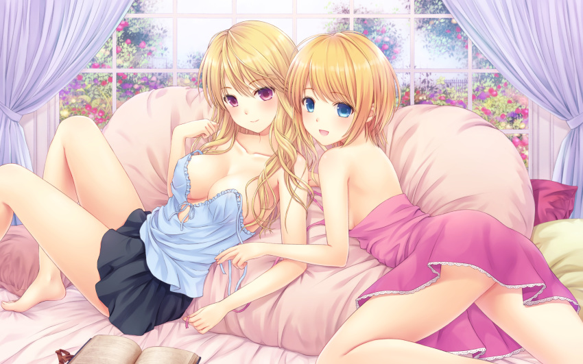 2girls bare_legs bare_shoulders barefoot blonde_hair blue_eyes blush book breasts camisole cleavage collarbone curtains dress female highres long_hair looking_at_viewer lying multiple_girls n.g. on_stomach original pillow pink_dress purple_eyes short_hair sitting skirt smile window