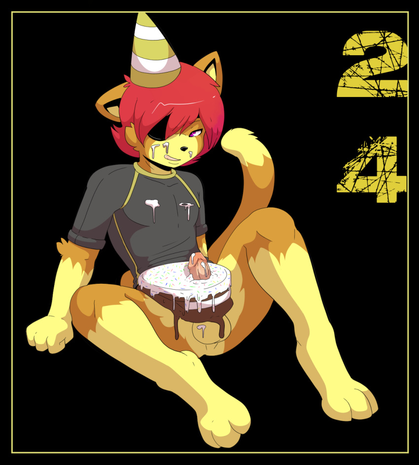 1boy anthro balls birthday black_nose bottomless cake clothed clothing cream eye_patch feline food hair half-dressed hat humanoid_penis licking licking_lips male male_only mammal munks party_hat penis red_hair simple_background sitting solo tongue tongue_out