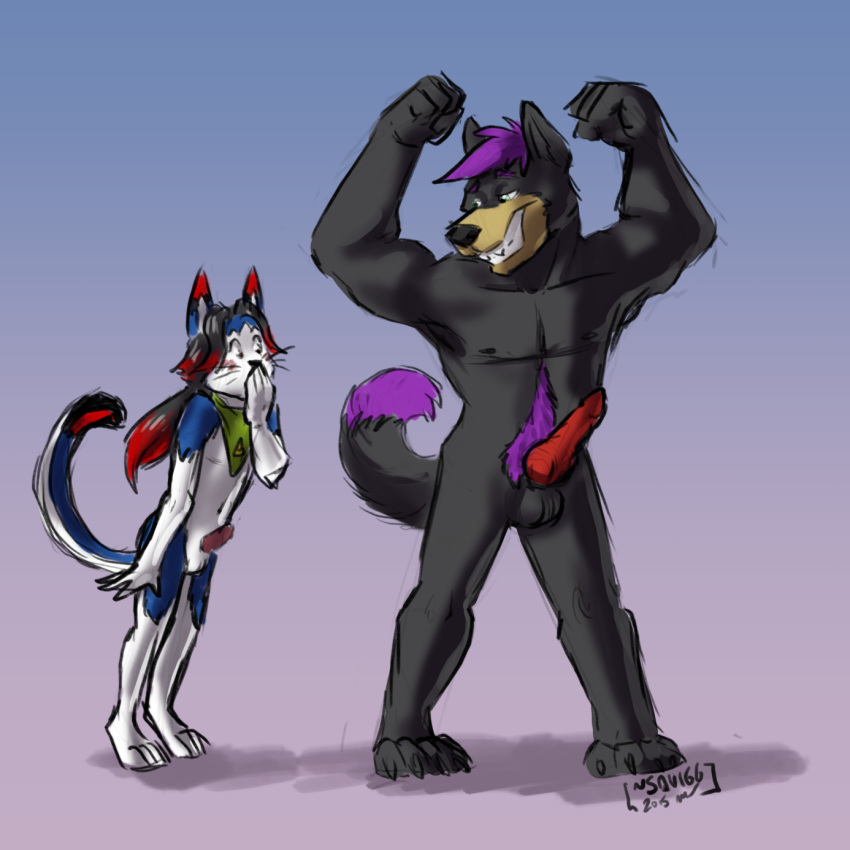 2015 anatomically_correct anatomically_correct_penis animal_genitalia anthro aster balls biceps big_muscles big_penis canine canine_penis cat cute dog duo erection feline flexing frocta fur furry girly hair humanoid_penis husky long_hair male mammal multiple_males muscles penis size_difference species_swap squiggalaimon transformation