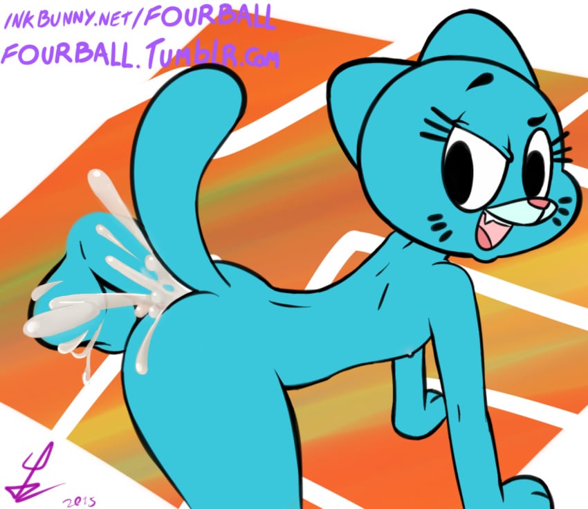 2015 4ball anal anthro balls blue_fur cat cum disembodied_penis duo faceless_male feline female fourball fur furry gumball_watterson mammal nicole_watterson open_mouth penetration penis sex solo_focus teeth the_amazing_world_of_gumball tongue