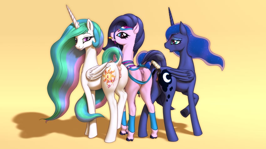 2015 absurdres alicorn amira_(mlp) anus ass blue_eyes blue_fur blue_hair caelacanthe clitoral_winking clitoris cutie_mark equine female feral friendship_is_magic fur group highres horn horse long_hair looking_at_viewer mammal multicolored_hair my_little_pony open_mouth pink_fur princess_celestia_(mlp) princess_luna_(mlp) purple_eyes pussy raised_tail rear_view saddle_arabian_(mlp) siblings sisters smile tail_wrap white_fur wings