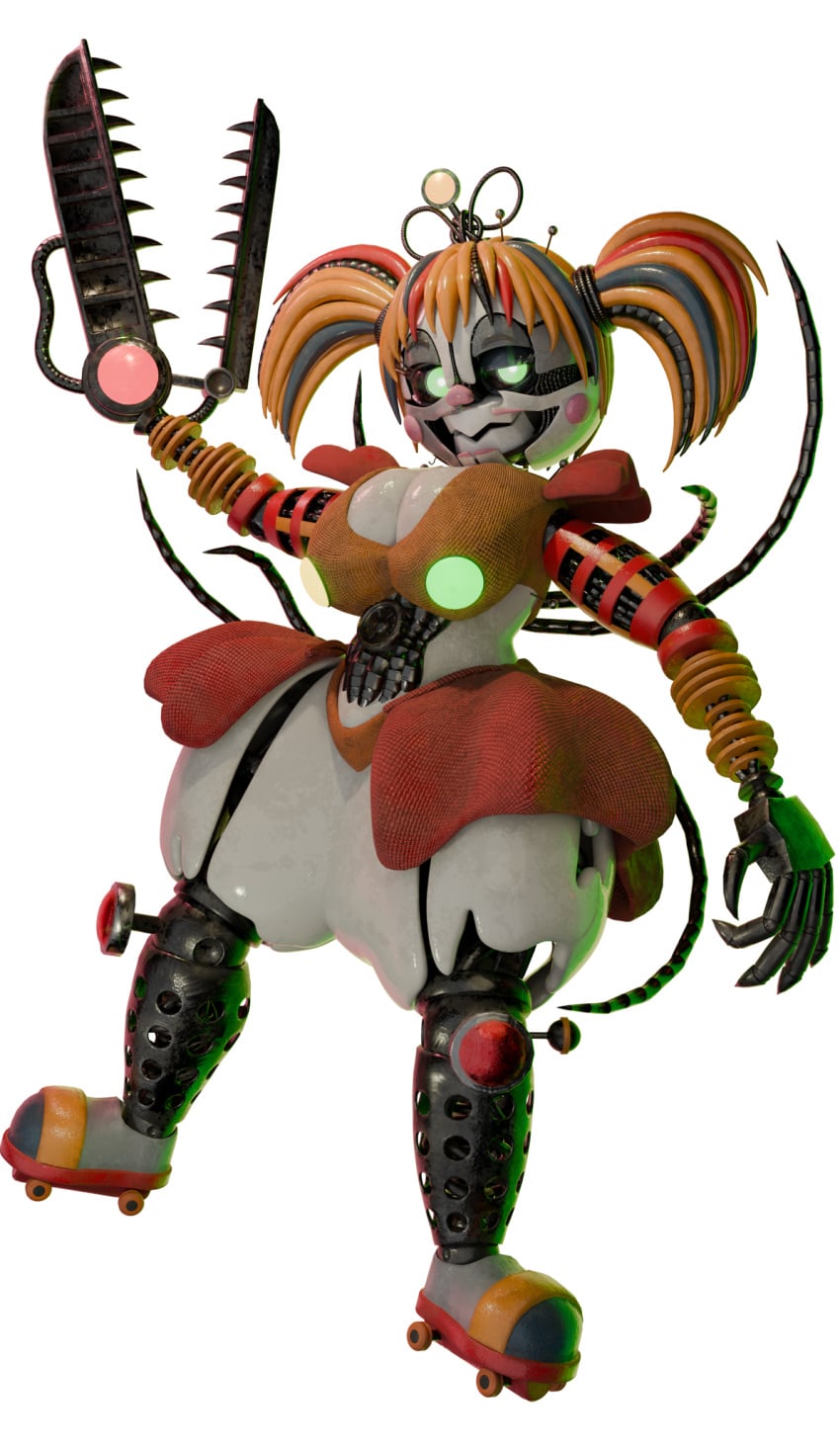 1girls 2026 3d 3d_render animatronic animatronic_girl background big_breasts big_butt breasts butt eyes female female_only five_nights_at_freddy's freddy_fazbear's_pizzeria_simulator green_eyes hair jordevoir orange_clothing orange_hair orange_panties red_skirt robot robot_girl scottgames scrap_baby scrap_baby_(fnaf) smile solo solo_female teeth tentacle white_background white_body