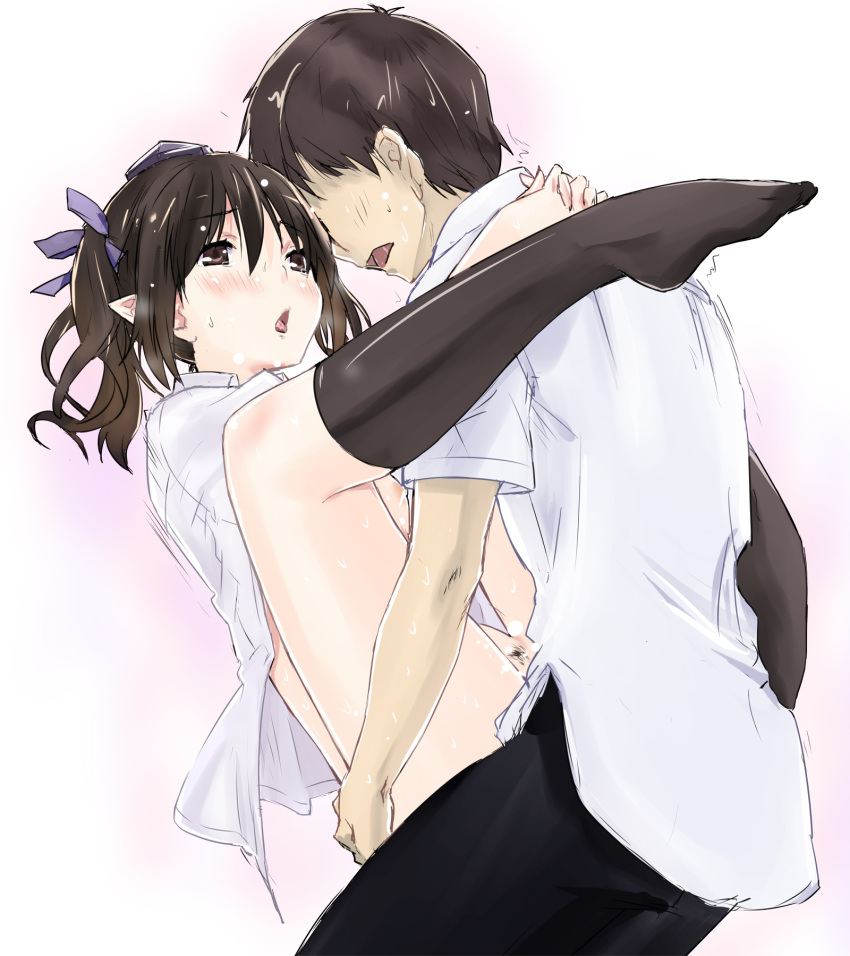 1boy areolae bangs black_legwear blush bottomless brown_eyes brown_hair carrying cl_(h-sys.) clothed_sex collared_shirt faceless faceless_male female hair_ribbon hat hatate_himekaidou heart highres hug interlocked_fingers kneehighs leg_lock naked_shirt open_mouth pointy_ears pubic_hair ribbon sex standing straight sweat tears textless tied_hair tokin_hat tongue tongue_out touhou twintails