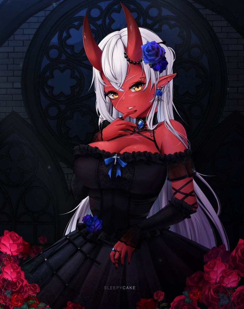 akumi female flower_in_hair horns oni oni_horns red_skin scars sleepycake virtual_youtuber vyugen white_hair yellow_eyes