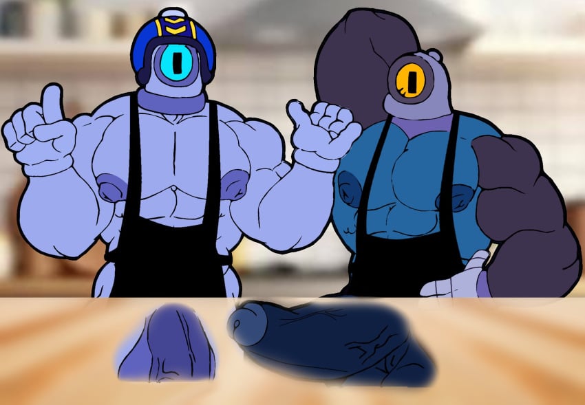 2boys apron_only arm_behind_head balls bara bara_tiddies bara_tits big_muscles big_nipples big_pecs big_penis blue_body blue_eyes brawl_stars cocokun! cooking duo erection erection_under_table flaccid gay hand_on_hip helmet looking_at_viewer male_only muscles muscular muscular_male nipples one_eye pecs penis rico_(brawl_stars) robot robot_boy robots stu_(brawl_stars) yellow_eyes