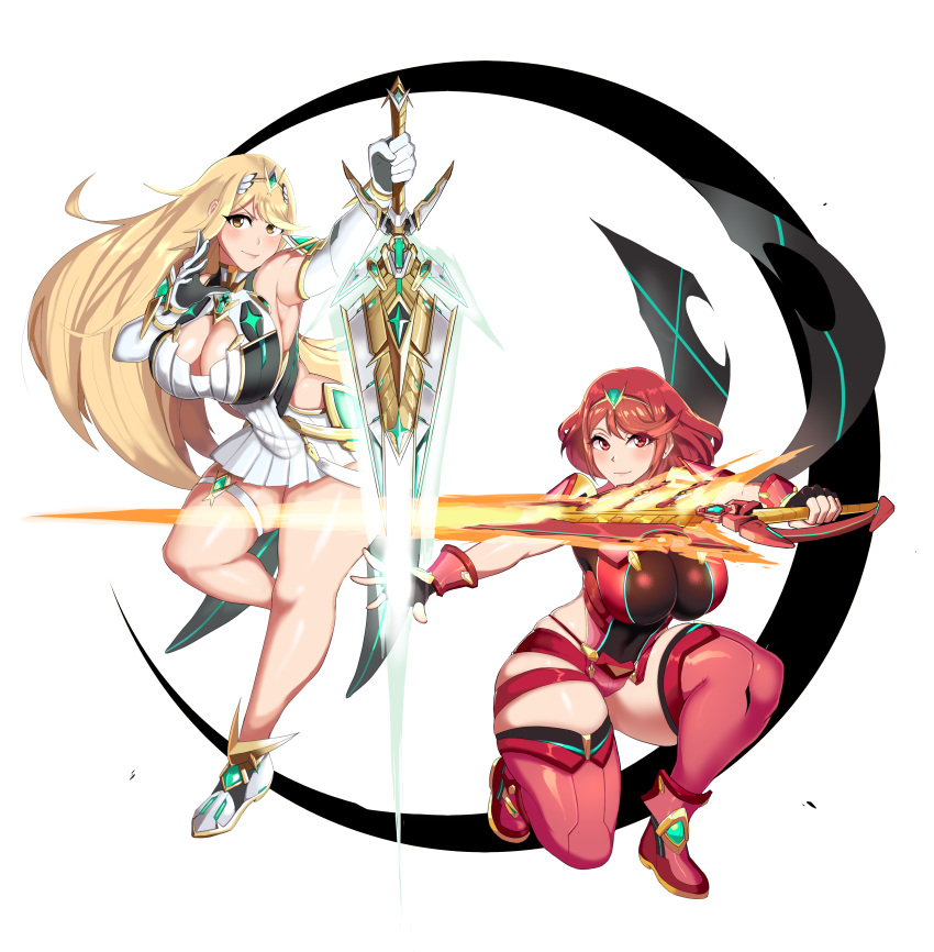 2girls absurd_res ailf alluring big_breasts blonde_hair blush cleavage cleavage_cutout clothing_cutout female_focus fingerless_gloves full_body gloves high_res linkxs long_hair looking_at_viewer matching_hair/eyes medium_hair milf multiple_girls mythra nintendo pyra red_eyes red_hair stockings sword thick_thighs thigh_strap thighs weapon xenoblade_(series) xenoblade_chronicles_2 yellow_eyes