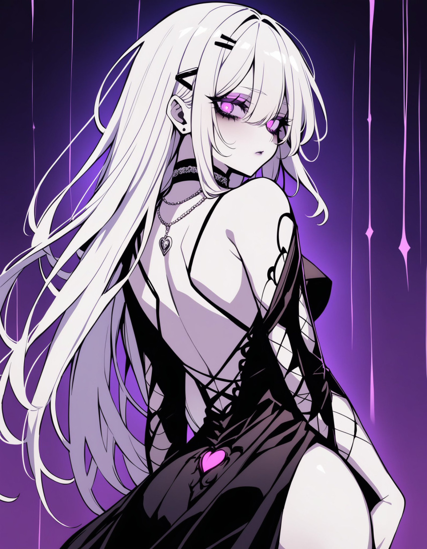 1girls ai_generated back_view choker dress goth gothic heart necklace purple_eyes sad seductive thighs white_hair white_skinsuit