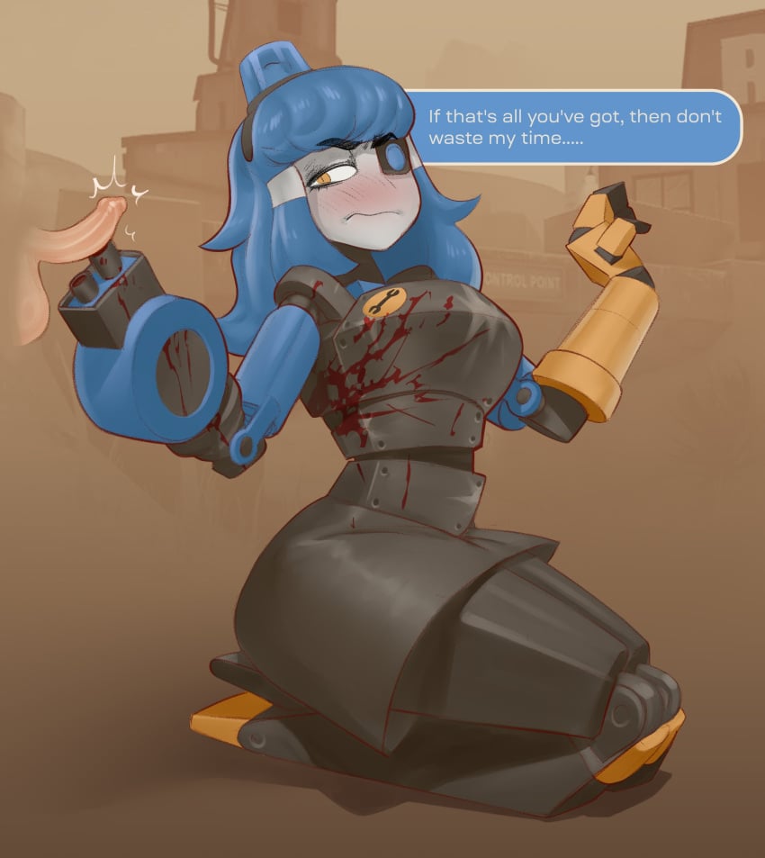 2d aiming_weapon alternate_hair_color alternate_version_at_source blood blush dialogue dialogue_box female gun_play long_hair looking_at_penis male mimi_sentry mr_fuga robot robot_girl robot_humanoid scout_(team_fortress_2) sentry_(team_fortress_2) sentry_turret sharp_teeth small_penis small_penis_humiliation tagme team_fortress_2 text tf2 threatening threatening_with_weapon valve valve_(company) yellow_eyes