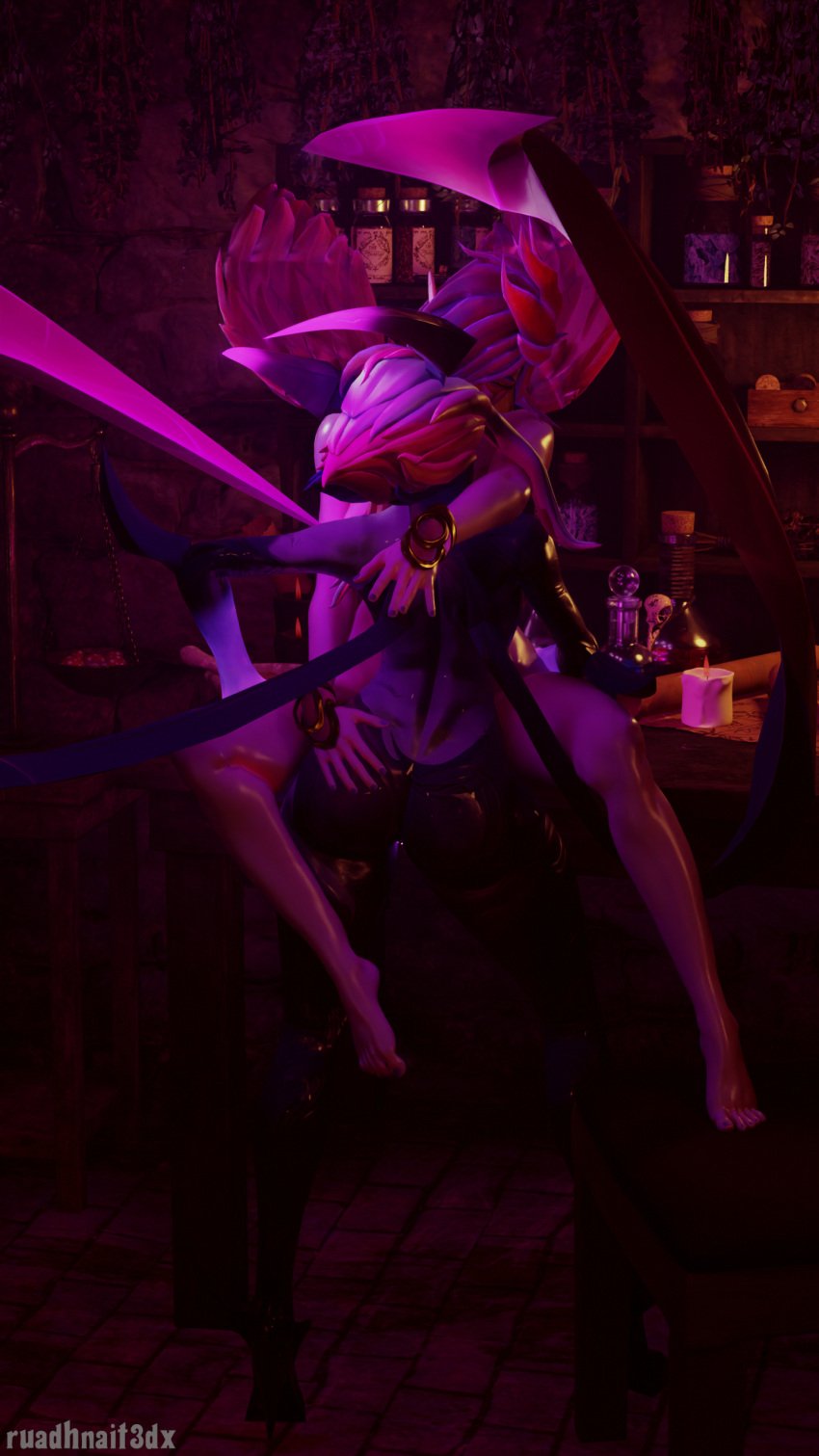 2girls 3d breasts closed_eyes elf_ears evelynn face_markings feathers french_kiss glowing glowing_hands hand_on_another's_ass hand_on_another's_thigh hand_on_ass hand_on_thigh high_heels horns kissing large_breasts league_of_legends legs lesbian_kiss morgana pink_skin pointy_tail purple_hair purple_skin ruadhnait3dx saliva saliva_trail self_upload succubus tail thick_thighs thighs tongue tongue_kiss tongue_out watermark white_hair yuri