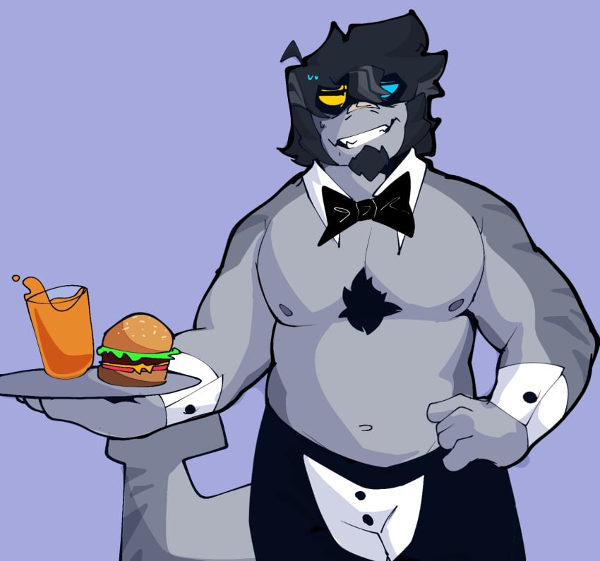 beard blue_eyes brock_(brockshark) brockshark fish gray_body gray_fur hair hamburger male marine muscular orange_juice pecs shark smiling waiter yellow_eyes