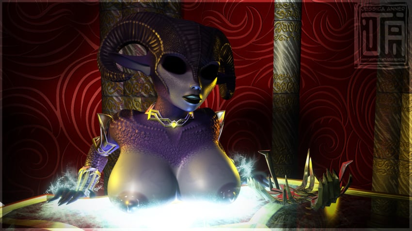 1girls 3d armor bald big_horns bimbo breast_rest breast_squish breasts choker clothed clothing demon demon_horns demoness demonic_eyes female frost gem glass glowing gold half-dressed humanoid ice jessica_anner lactation magic magic_user metal milk nipples on_table original purple_scales resting_breasts silver solo succubus table topless unconvincing_armor xelthia