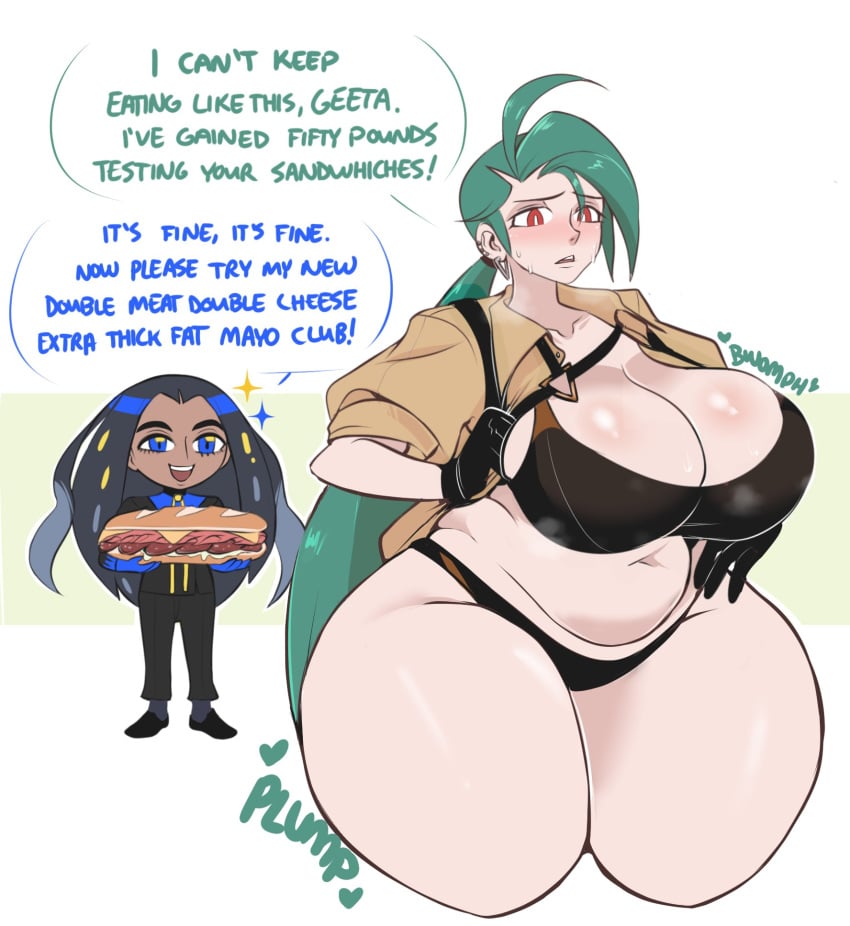 2girls alternate_body_type alternate_breast_size bbw big_belly big_breasts black_hair blue_eyes blush bra breasts busty curvaceous curvy curvy_body curvy_female curvy_figure dark-skinned_female dark_skin dialogue dwps ear_piercing earrings elite_four english_text female female_only geeta_(pokemon) green_hair huge_breasts large_breasts piercing plump pokemon pokemon_champion pokemon_sv red_eyes rika_(pokemon) sandwich_(food) sweat teal_hair thick_thighs voluptuous weight_gain wide_hips