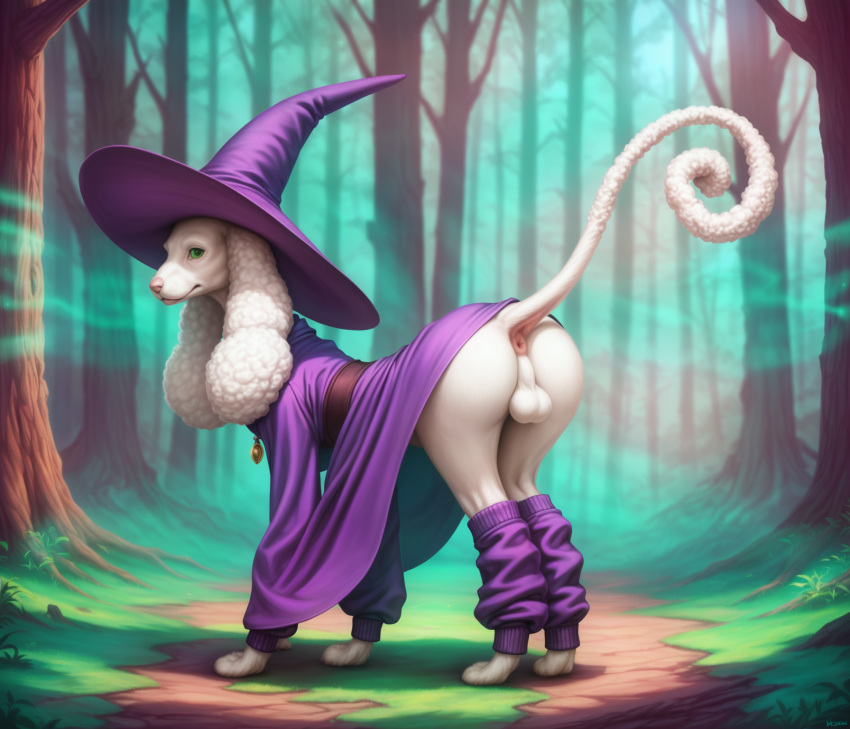 ai_generated anus attempted_signature balls blp canid canine canis clothed clothed_feral clothing detailed domestic_dog feral floppy_ears forest fur genitals glowing grass green_eyes hat headgear headwear hi_res hybrid leg_warmers legwear long_tail looking_at_viewer looking_back looking_back_at_viewer magic_user male mammal mouth_closed paws perineum pink_anus pink_nose plant poodle robe slim solo three-quarter_view tree white_balls white_body white_fur white_perineum wide_hips wizard_hat