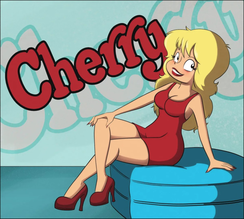 1girls 2024 blonde_female blonde_hair blonde_hair_female cherry_poptart cherry_poptart_(comic) clothed clothed_female high_heels human human_female human_only light-skinned_female logo looking_at_viewer monkeycheese red_dress red_heels sitting sitting_on_chair solo solo_female solo_focus