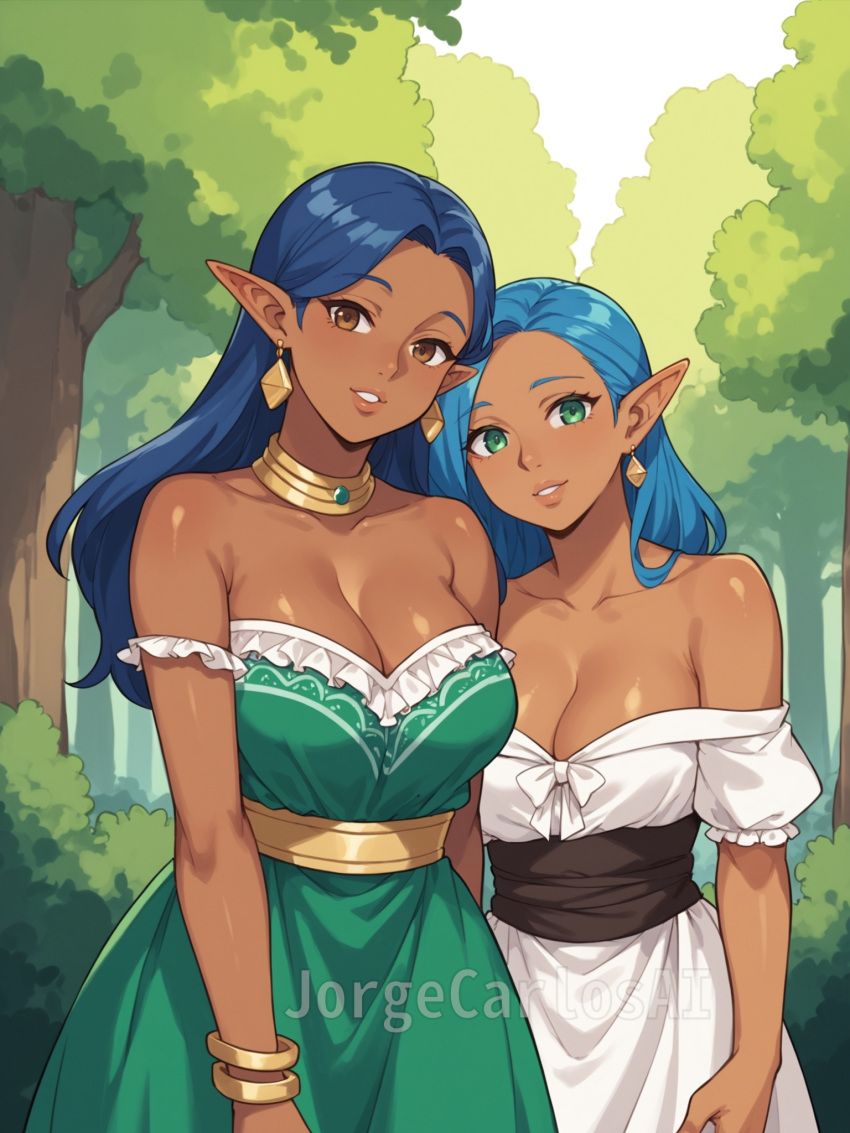 2girls ai_generated big_breasts blue_hair breasts brown_eyes cleavage clothed clothed_female clothing dark-skinned_female dark_skin day dress earrings elf elf_ears elf_female elf_girl female female/female forest gold_(metal) gold_jewelry green_dress green_eyes jewelry jorgecarlosai light_blue_hair long_hair looking_at_viewer multiple_girls nature outdoors tagme white_dress